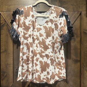 EUC Blue Buttercup Cow Print Sparkle Sleeve Top Sz L